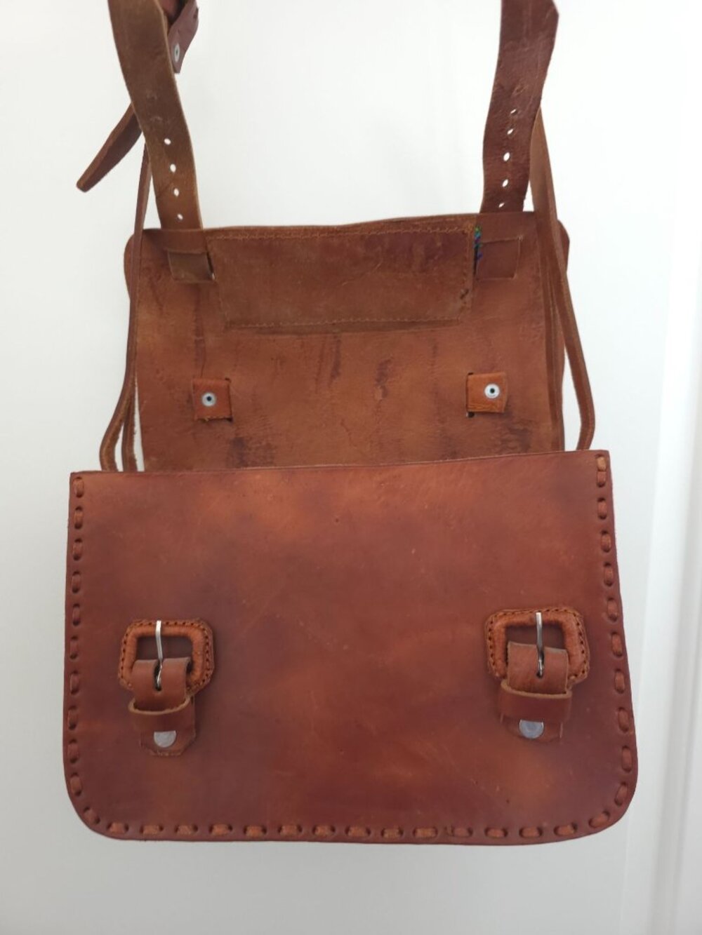 Mexican Handmade Brown Leather Crossbody Satchel Bag w/ Colorful Woven Accent - Picture 3 of 8